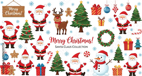 Merry Christmas Santa Claus collection vector set with reindeer, snowman, tree, wreath, gifts, gingerbread, ornaments and snowflake holiday decoration