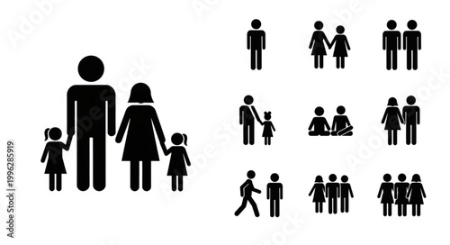 Collection of Diverse Family and Group Silhouettes Representing People.