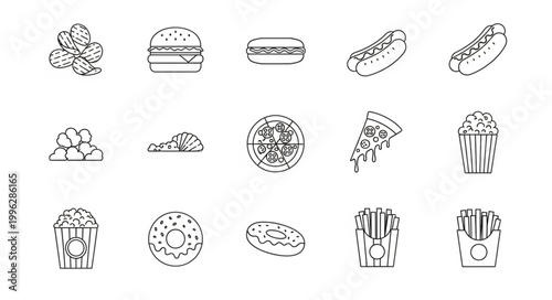 Collection of fast food icons in a simple line art style.