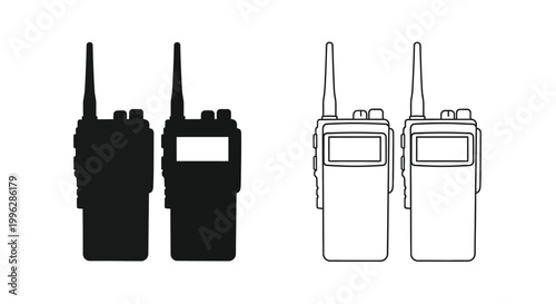 Two sets of walkie talkies shown in contrasting styles silhouette