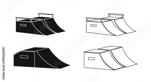 Black and white illustration of skate park ramps in a bold silhouette