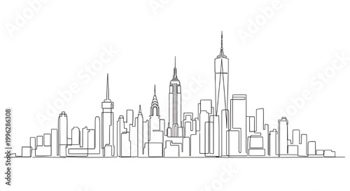 minimalist continuous line drawing depicts the iconic new york city skyline with its famous skyscrapers against a white background