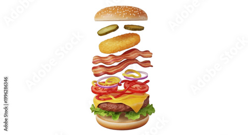 Vector illustration of exploded view of a delicious cheeseburger with bacon and hash brown on a transparent background