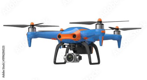 Vector illustration of modern blue and orange quadcopter drone with camera on a transparent background