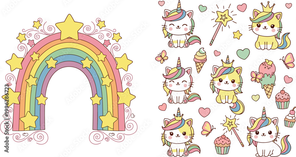 Obraz premium Cute Unicorn Cartoon Character Set with Rainbow, Magic Wand, Cupcake, Stars and Hearts for Kids Design, Stickers, Nursery, and Fantasy Illustration