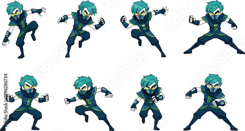 Anime ninja character in action poses with teal hair and futuristic outfit, vector illustrations