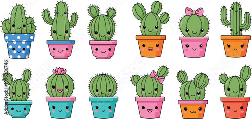 Cute and colorful kawaii cactus plants in pots with smiling faces, vector illustration