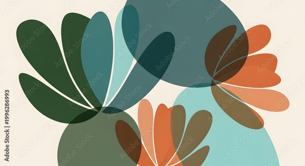 Fototapeta premium Minimalist botanical abstract with teal and orange rounded shapes. Modern floral composition and organic design concept. Overlapping transparent petal forms creating a stylized flower arrangement.