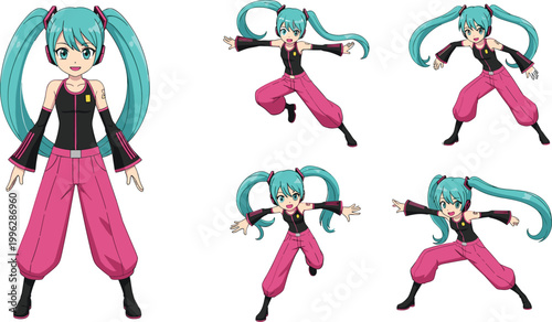 Anime character with turquoise hair and pink outfit, multiple poses and action illustrations, vector design