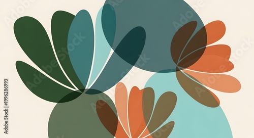 Minimalist botanical abstract with teal and orange rounded shapes. Modern floral composition and organic design concept. Overlapping transparent petal forms creating a stylized flower arrangement.