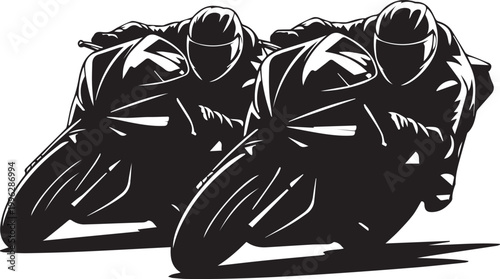 Two motorcycle riders racing side by side on a track with a white background