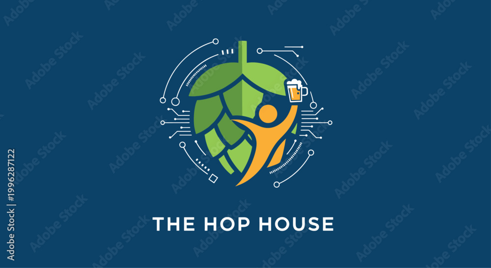 Fototapeta premium Professional logo design for The Hop House featuring a person holding a beer glass in front of a green hop and circuit lines.