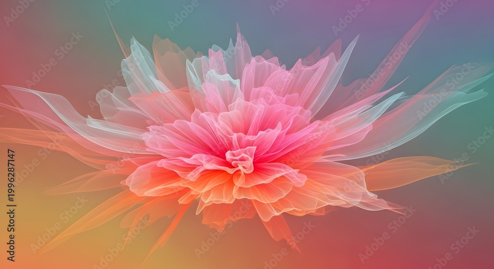 Fototapeta premium Ethereal translucent floral bloom in pink and orange. Delicate layered silk texture and soft light. Abstract glowing flower opening with elegant wavy petals
