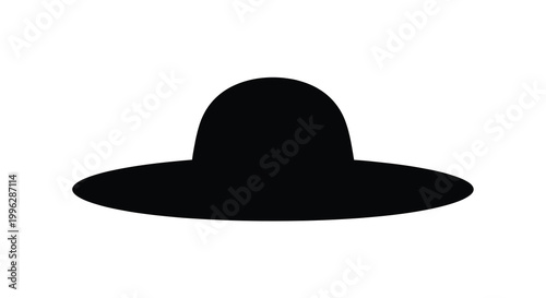 A simple black silhouette of a wide brimmed sun hat on white