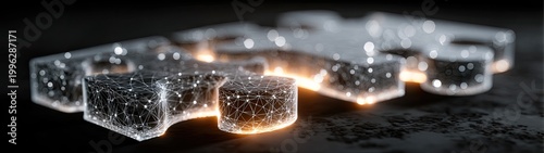 Glowing abstract network shapes form connected pieces on dark. Perfect for tech, data, AI, digital solutions, or innovation concepts.