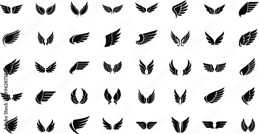 Fototapeta premium A collection of various black wing icons on a white background