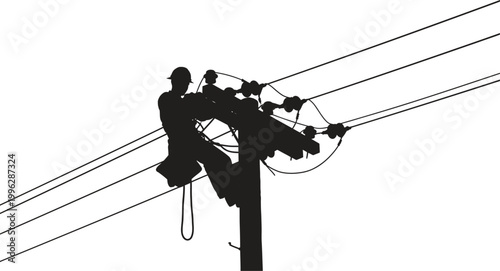 A silhouette of a lineman working on power lines at height
