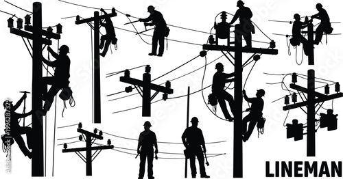 A group of linemen working on power lines and electrical towers