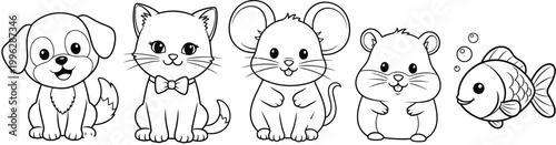 A cute illustration of various cartoon animals for kids to color