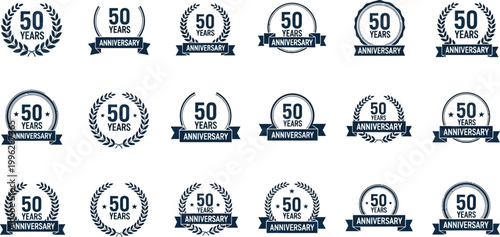 A collection of 50th anniversary logos and badges on a white background