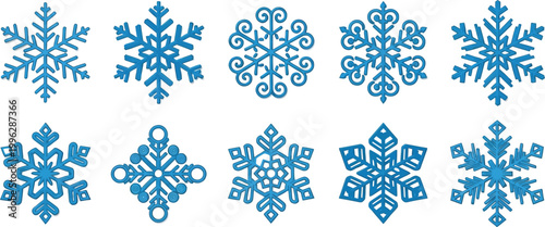 A collection of blue snowflakes on a white background