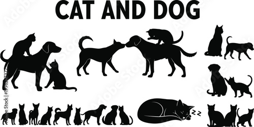 A collection of black silhouettes of cats and dogs together