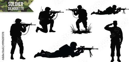 A collection of soldier silhouettes in various combat positions and saluting
