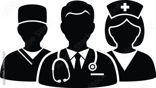 A group of medical professionals in silhouette against a white background