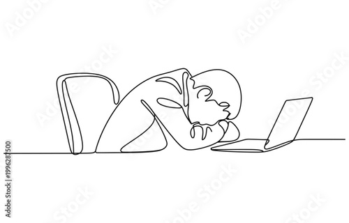 Single one line drawing exhausted sick tired Arabian male manager in office sad boring sitting with head down on laptop.