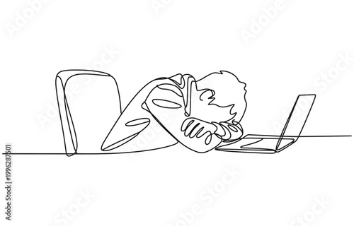 Single one line drawing exhausted sick tired Arabian male manager in office sad boring sitting with head down on laptop.