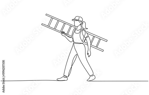 Continuous one line drawing repairwoman with ladder.