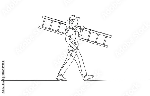 Continuous one line drawing repairwoman with ladder.