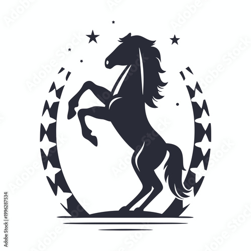 Fotografia Black Pixel Art Horse Standing on Hind Legs, Minimalist Equestrian Silhouette Il