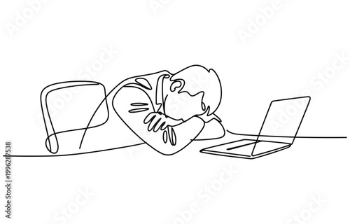 Single one line drawing exhausted sick tired Arabian male manager in office sad boring sitting with head down on laptop.