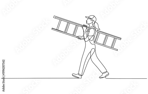 Continuous one line drawing repairwoman with ladder.