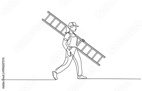 Continuous one line drawing repairwoman with ladder.