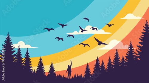 Hiker stands amidst a dense pine forest while reaching toward a flock of birds flying across a retro sunset sky with layered clouds and vibrant orange and blue color bands in the background.