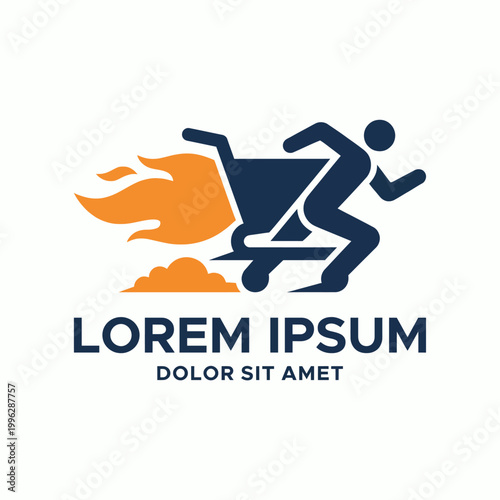 A vibrant illustration of a running figure with a shopping cart, emitting flames, embodying the thrill of shopping and urgency, perfect for retail marketing and online promotions.