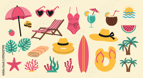 Tropical Summer Beach Vacation Elements Set With Palm Trees Surfboard Swimsuit Sunglasses Sun Umbrella And Cocktails Flat Design Style Vector Illustration