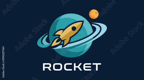 This vibrant and playful logo captures the essence of exploration and innovation in space travel, featuring a rocket soaring amidst celestial elements like planets.