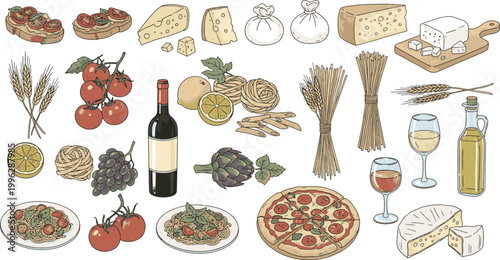 Italian cuisine elements set with pizza pasta wine cheese tomatoes olive oil and mediterranean food icons doodle hand drawn vector illustration