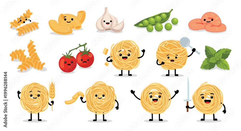 Fototapeta premium Collection of adorable and happy pasta-shaped characters accompanied by fresh ingredients like tomatoes, peas, and garlic.