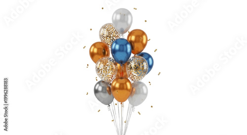 Vector illustration of bunch of festive balloons in gold, silver and blue on a transparent background