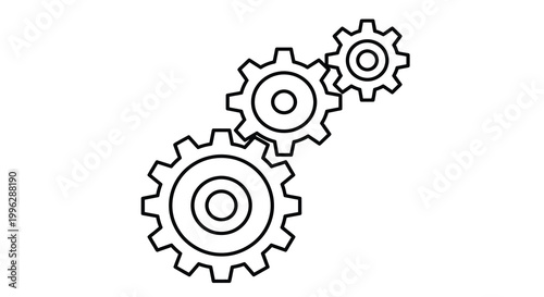 three interconnected gears in a line on white background