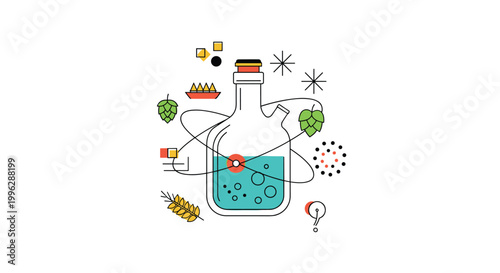 Scientific illustration featuring a chemical flask surrounded by symbols of agriculture like hops, wheat, and atoms.