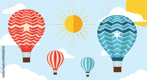 Group of colorful hot air balloons with various patterns floating in a clear blue sky on a bright and sunny day.