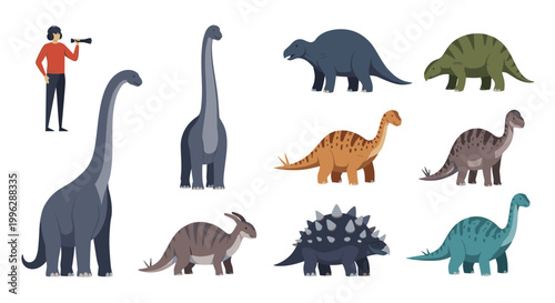 Diverse collection of dinosaur species including long-necked and armored types with a researcher using binoculars.