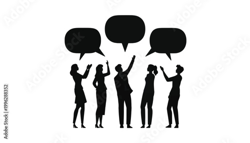 Silhouettes of business professionals stand together while communicating their ideas in a group meeting.