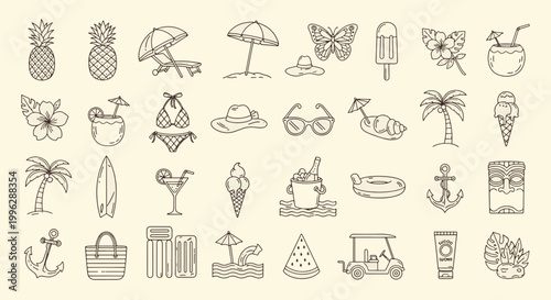 Tropical Summer Beach Vacation Icons Set Featuring Pineapple Palm Trees Cocktails Sun Protection Gear And Ocean Leisure Elements Vector Illustration