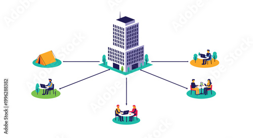 Concept of remote work and digital nomadism showing people working on laptops from diverse outdoor and travel locations.